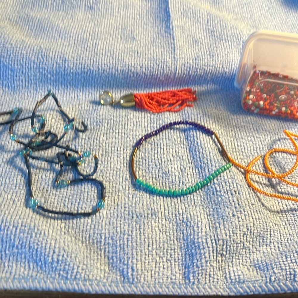 A lot of seed, bead items, two necklace, one bin one bracelet, one earring